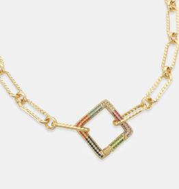 Gold Plated 16" Textured Paperclip Chain w/Colorful Square Carabiner Necklace