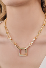 Gold Plated 16" Textured Paperclip Chain w/Colorful Square Carabiner Necklace