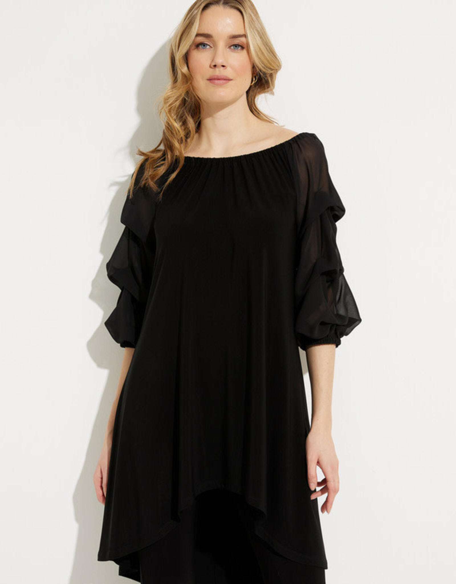 Black Round Elastic Neck 3/4 Shirred Sleeve Mid Length Hi Lo Hem Dress -  Evelie Blu Boutique