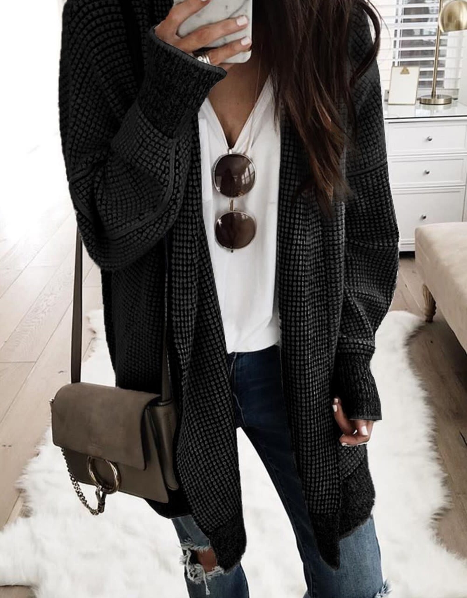 Black Waffle Texture Open Front Cardigan Long Sleeve