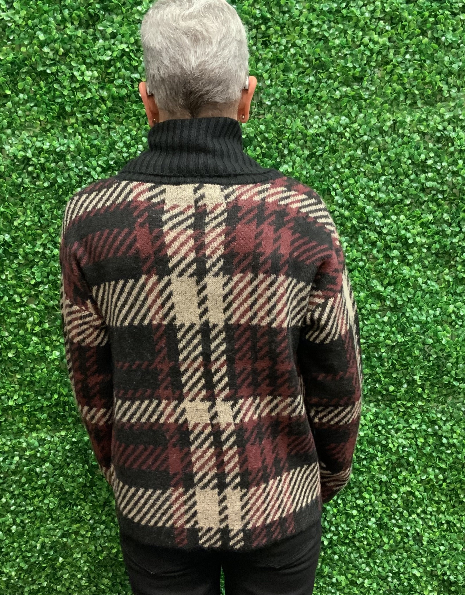 Black/Tan/Burgundy Plaid Cowl Neck Long Sleeve Sweater