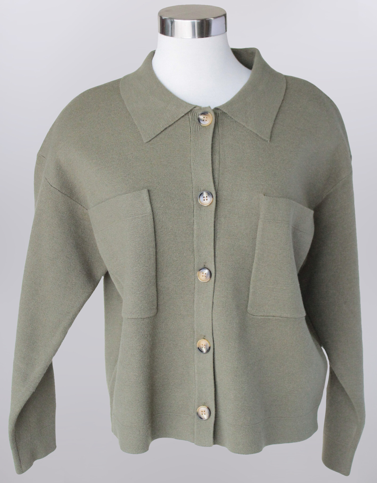 Olive  Collard Button-Down Long Sleeve Top w/Front Pockets