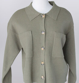 Olive  Collard Button-Down Long Sleeve Top w/Front Pockets