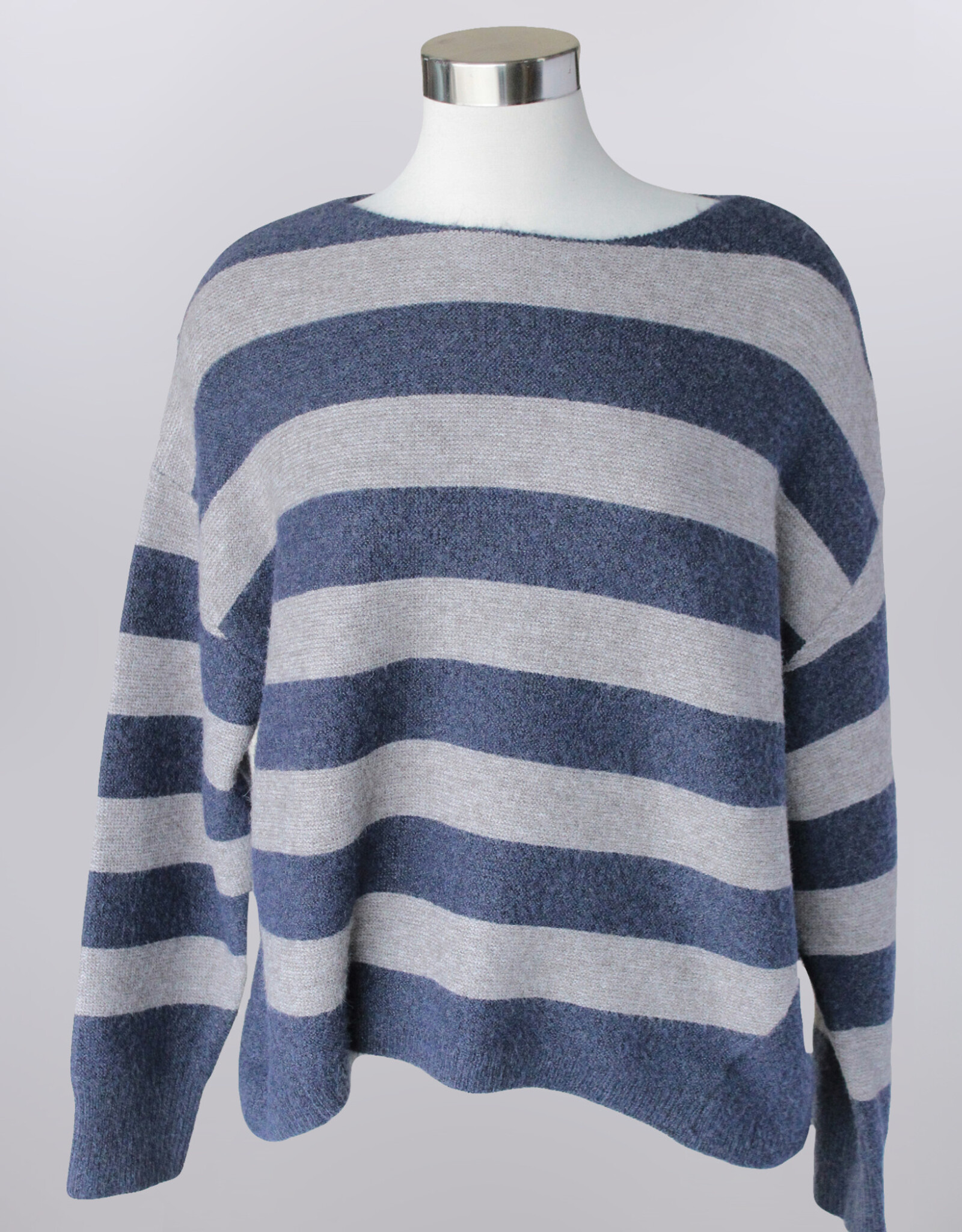 Indigo/Grey Stripe Boat Neck Long Sleeve Top w/Solid Back - Evelie