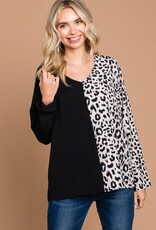 Black/Leopard Print Color Block V-Neck Long Sleeve Top