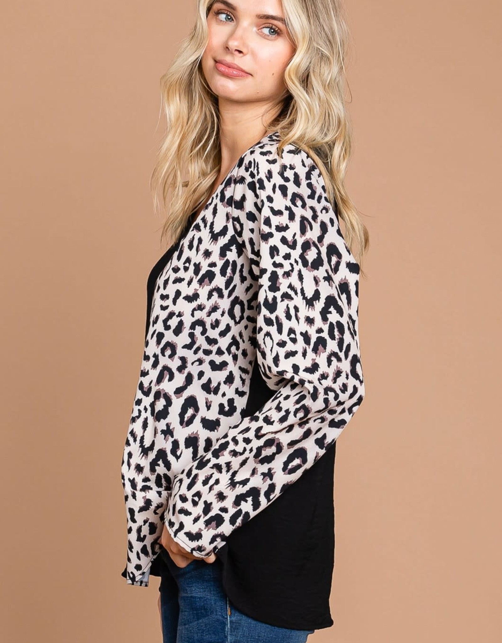 Black/Leopard Print Color Block V-Neck Long Sleeve Top