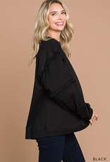 Black Washed Cotton French Terry Ruffle Sleeve Top