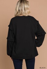 Black Washed Cotton French Terry Ruffle Sleeve Top