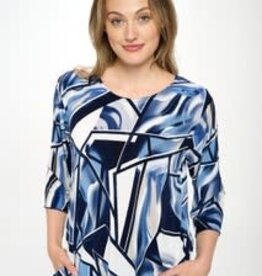 Navy Textured Abstract Geo Print Round Neck 3/4 Sleeve Top