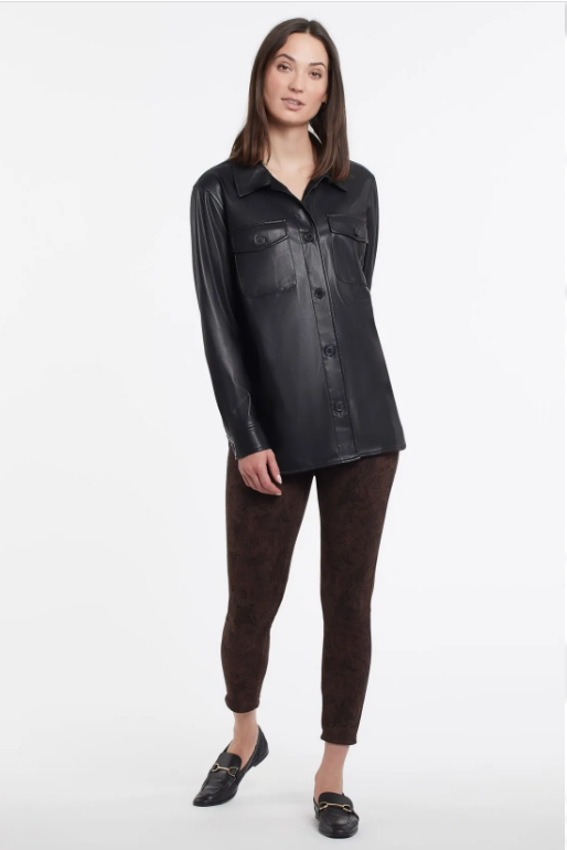 Black Soft Vegan Leather Button-Down Long Sleeve Shacket