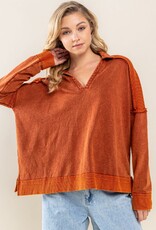 Rust Mineral Washed French Terry Split Neck Long Sleeve Top