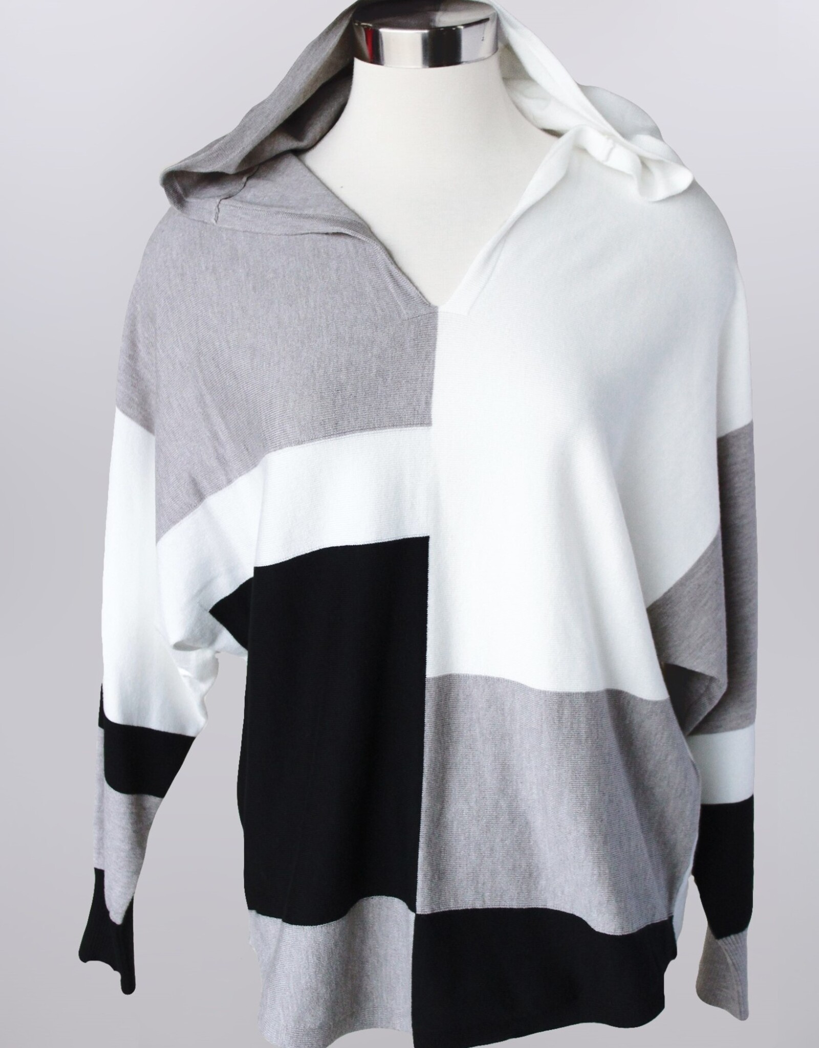 Black/White/Grey Block Color V-Neck Hooded Long Sleeve Sweater