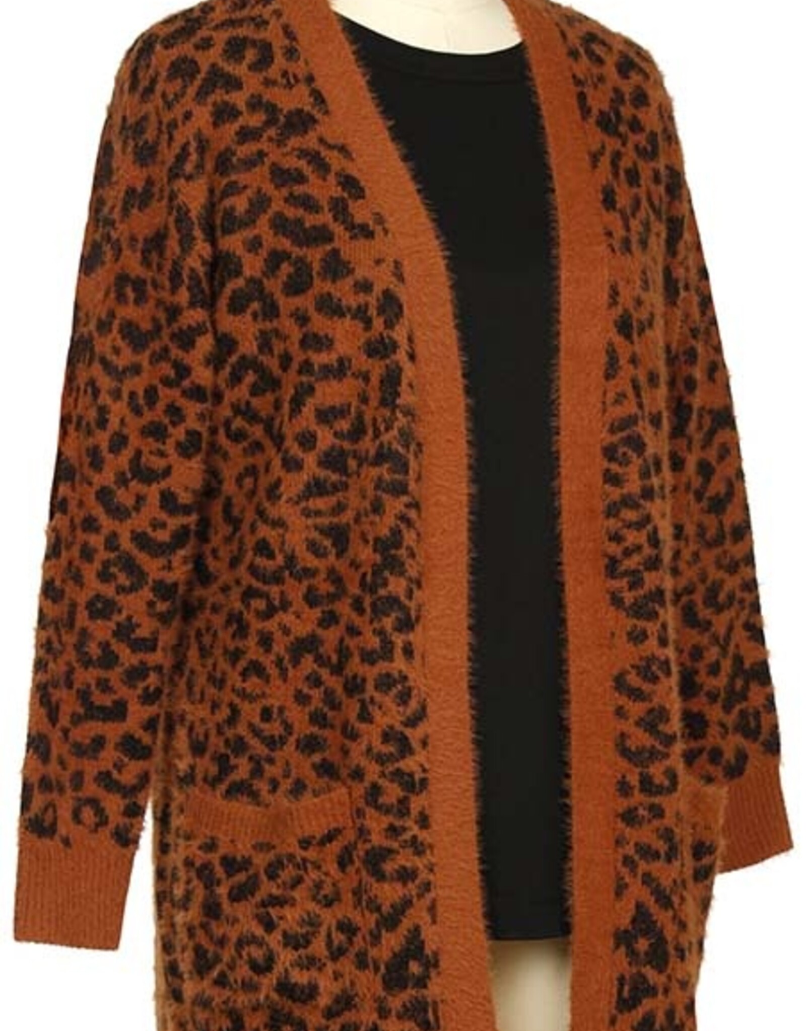Pumpkin Cheetah Knit Cardigan w/Front Pockets & Pumpkin Trim