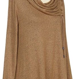 Heathered Camel Cowl Rushed Neck w/Drawstrings Long Sleeve Top