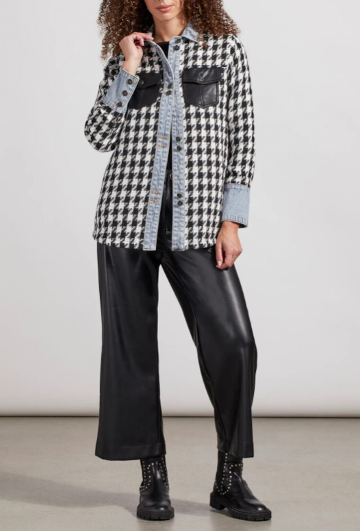 Black/White Checkered Jacket w/Denim Accents & Faux Pockets - Evelie