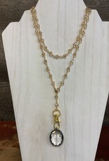 Gold Beaded Loop Around Chain w/Crystal Pendant Adjustable Necklace