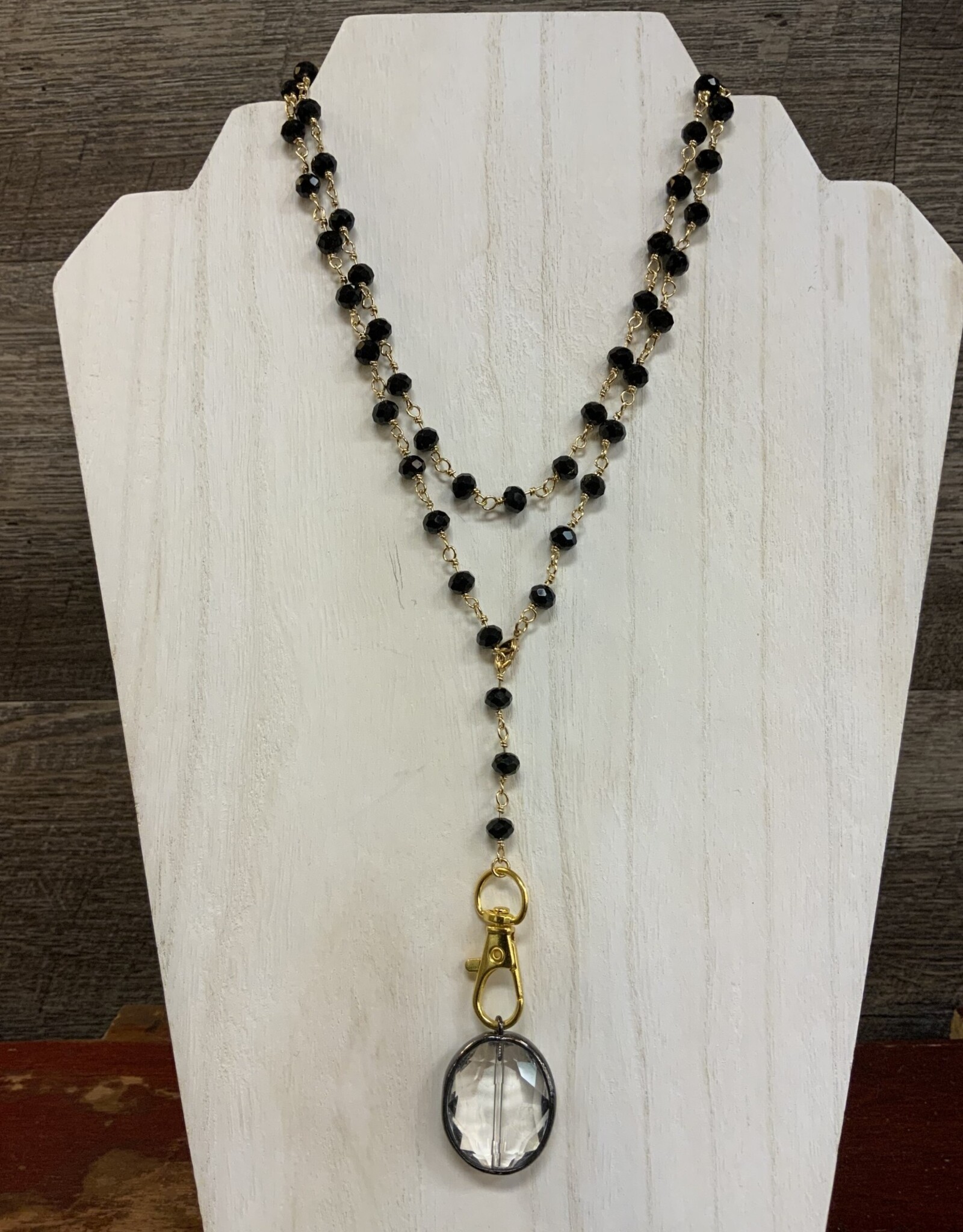 Gold w/Black Beaded Loop Around Chain w/Crystal Pendant Adjustable Necklace