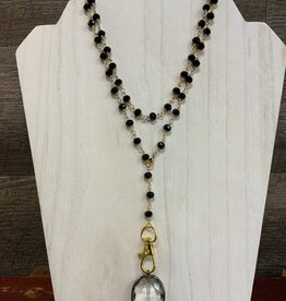 Gold w/Black Beaded Loop Around Chain w/Crystal Pendant Adjustable Necklace