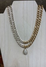 Gold & Silver Figaro Chain w/White Marble Pendant Adjustable Necklace
