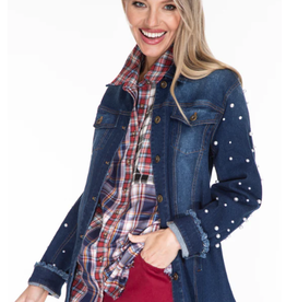 Multiples Denim Collar Button Up Long Sleeve W/ Pearl Detail  Jacket