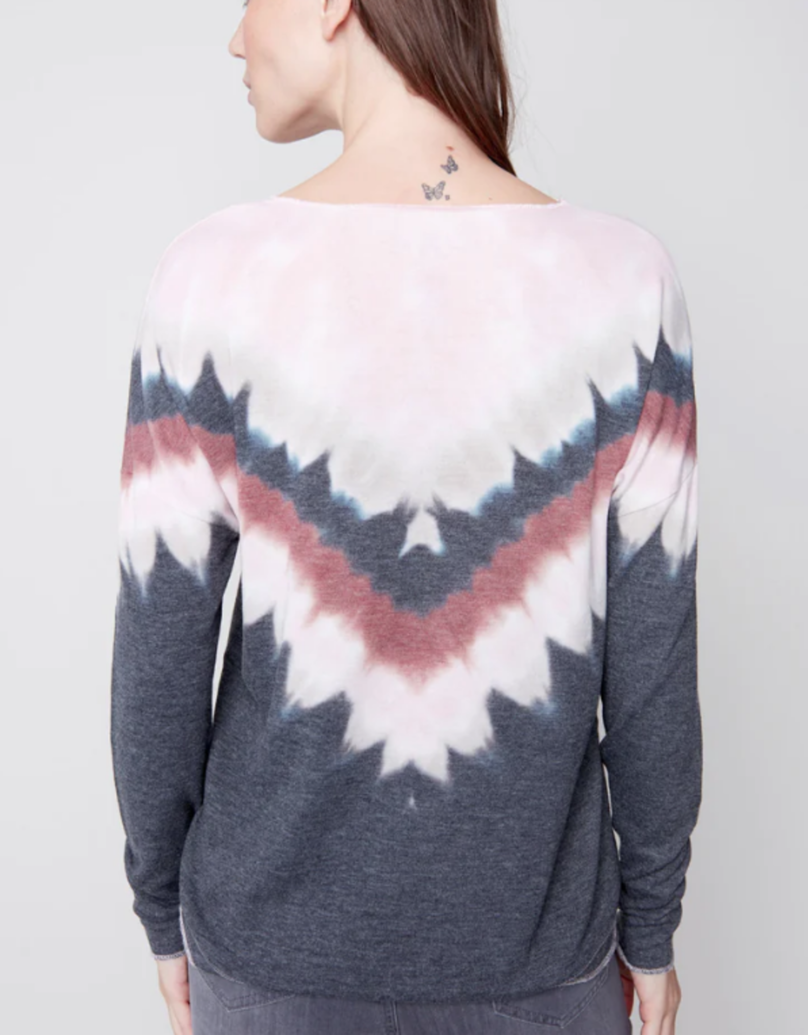 Grey/Pink Tie Dye V-Neck Drop Shoulder Long Sleeve - Evelie Blu