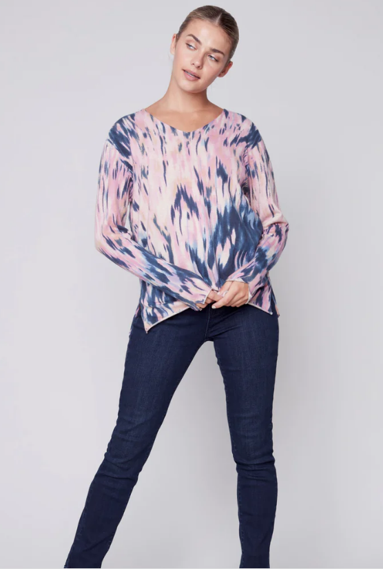 Denim/Pink Tie Dye V-Neck Drop Shoulder Long Sleeve