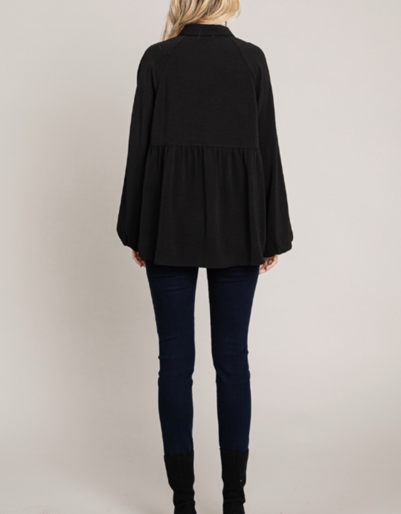 Black Textured Button-Up Babydoll Long Sleeve Top - Evelie Blu Boutique