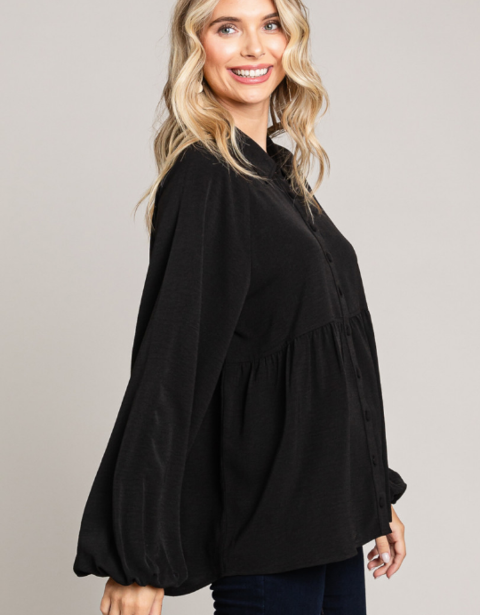 Black Textured Button-Up Babydoll Long Sleeve Top - Evelie Blu Boutique