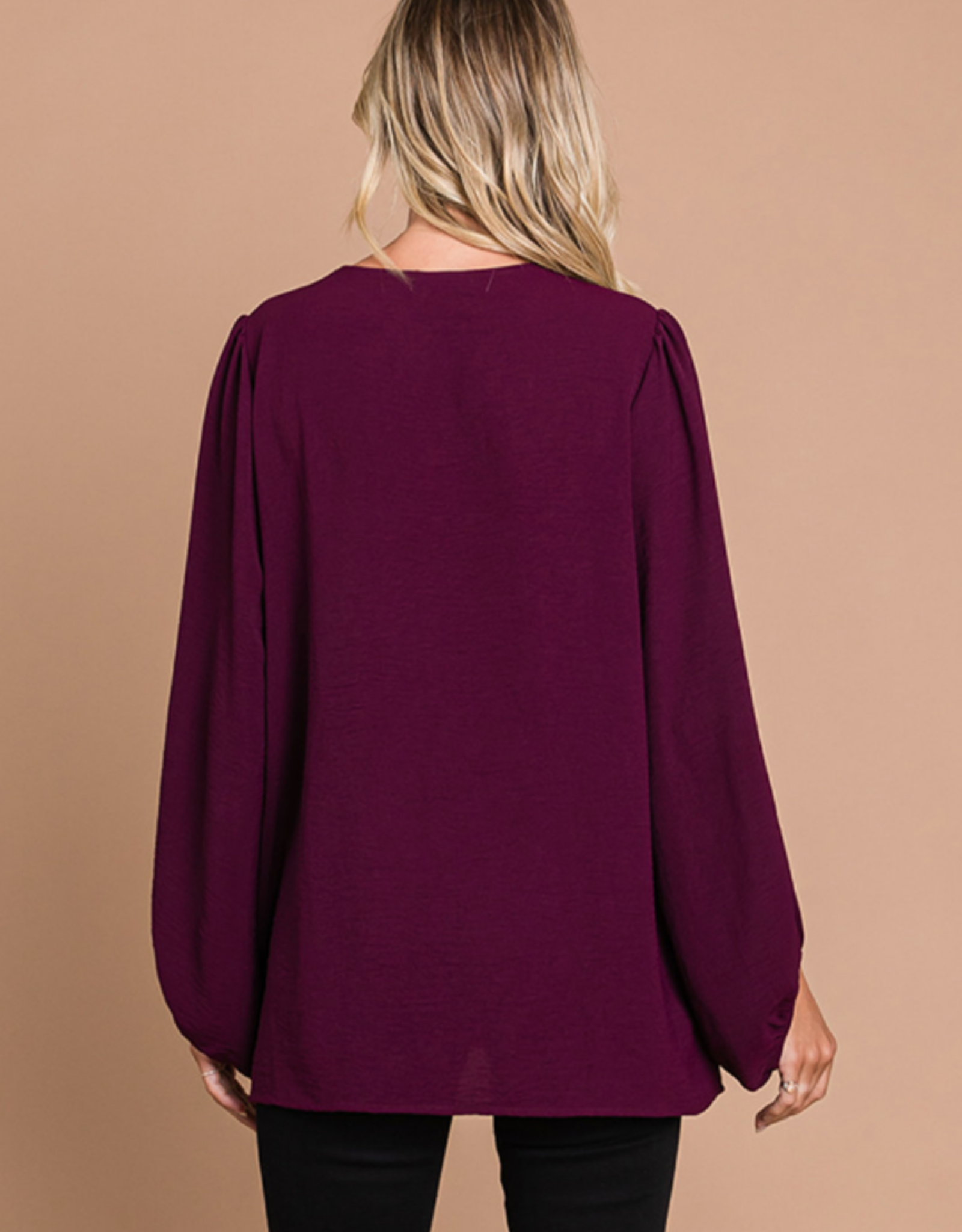 Plum Textured V-Neck Long Sleeve Elastic Wrist Top