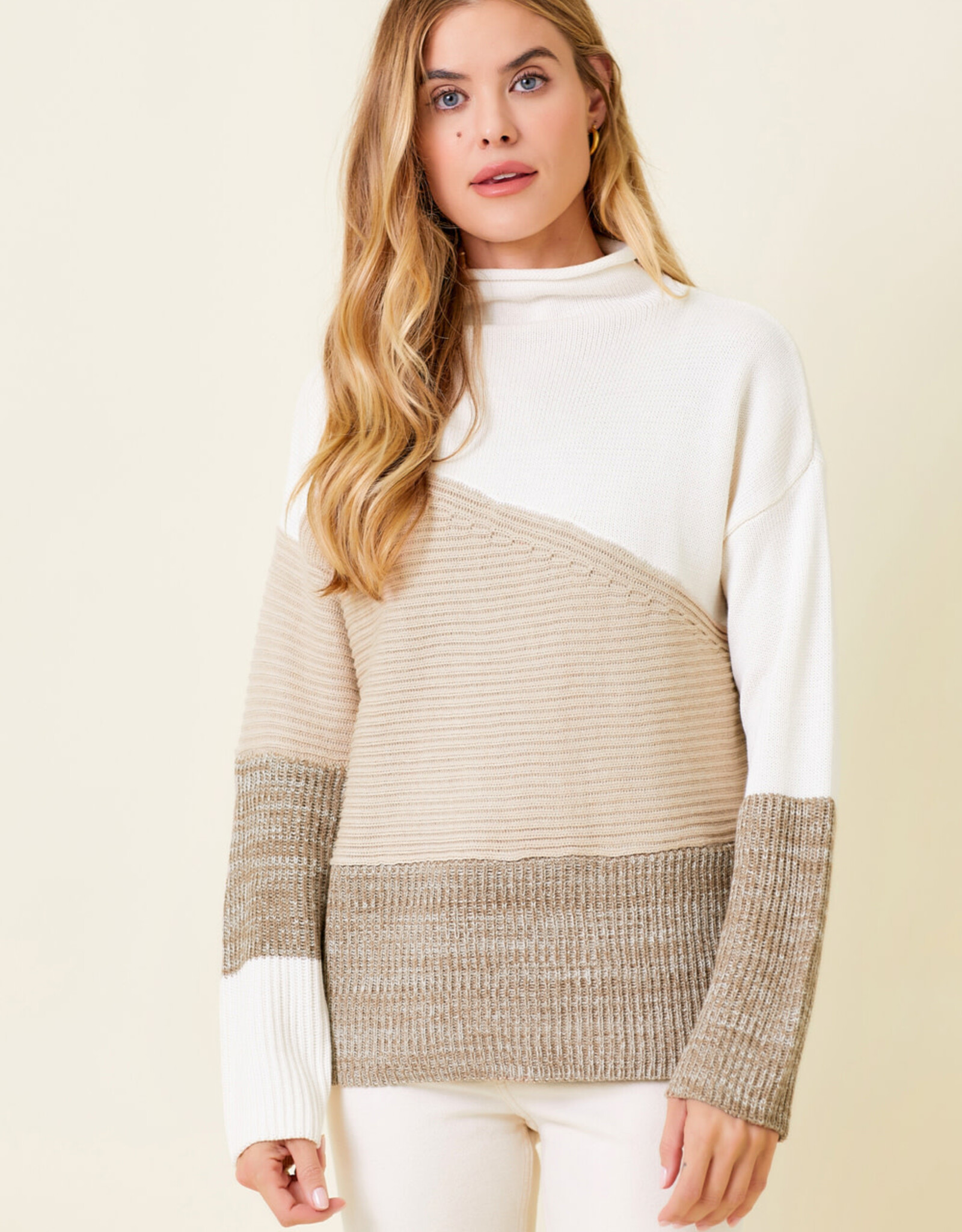 Ivory/Latte Color Block Mock Neck Ribbed Knit Sweater