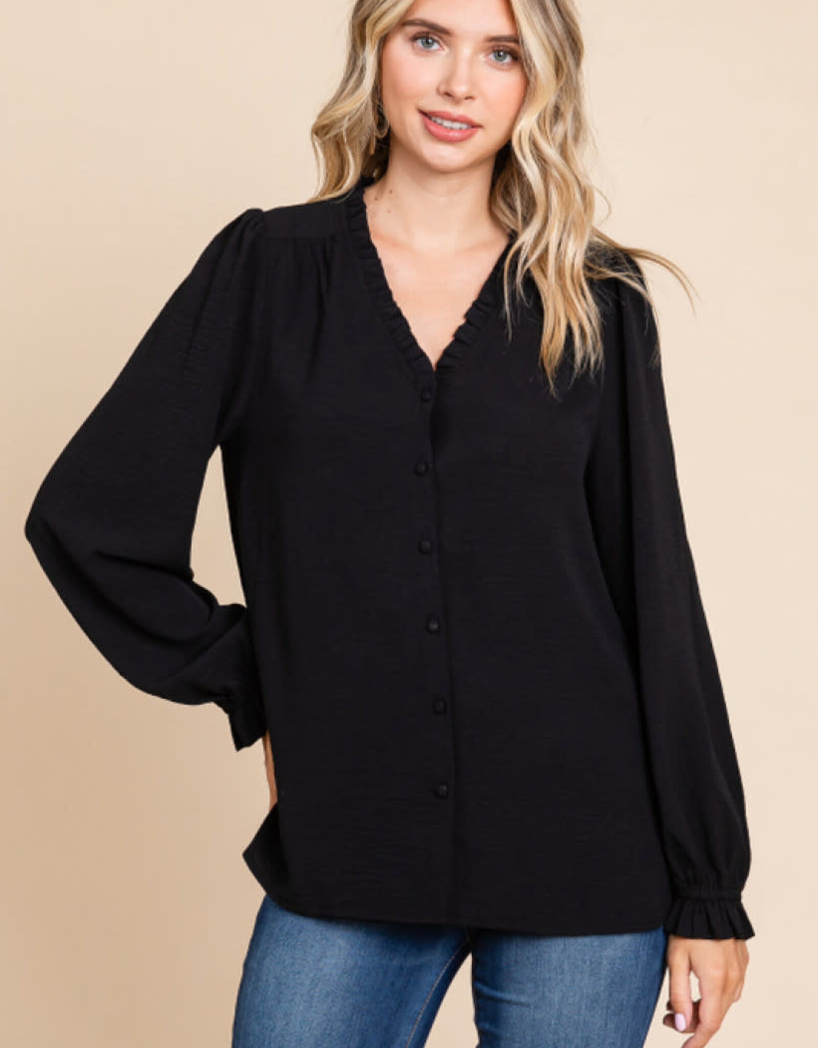 Black Textured Ruffle V-Neck Front Button Up L/S Ruffle Wrist Top