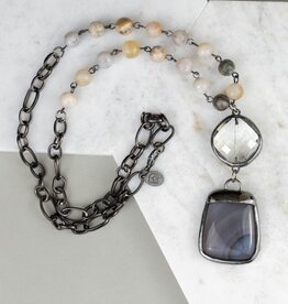 Bamboo Agate Beaded Sophie Necklace w/Double Charm Pendant