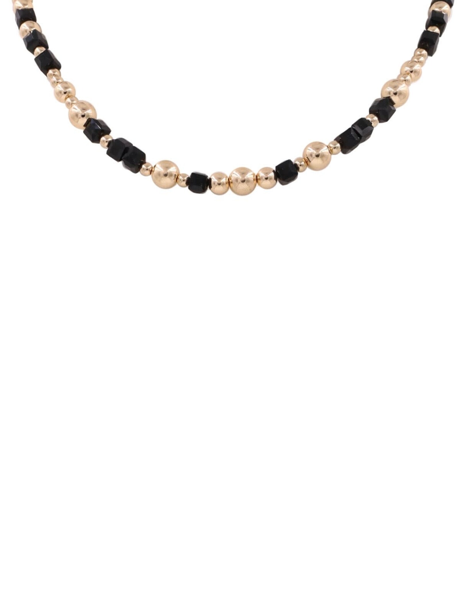 Black Crystal Square & Gold Bead Necklace