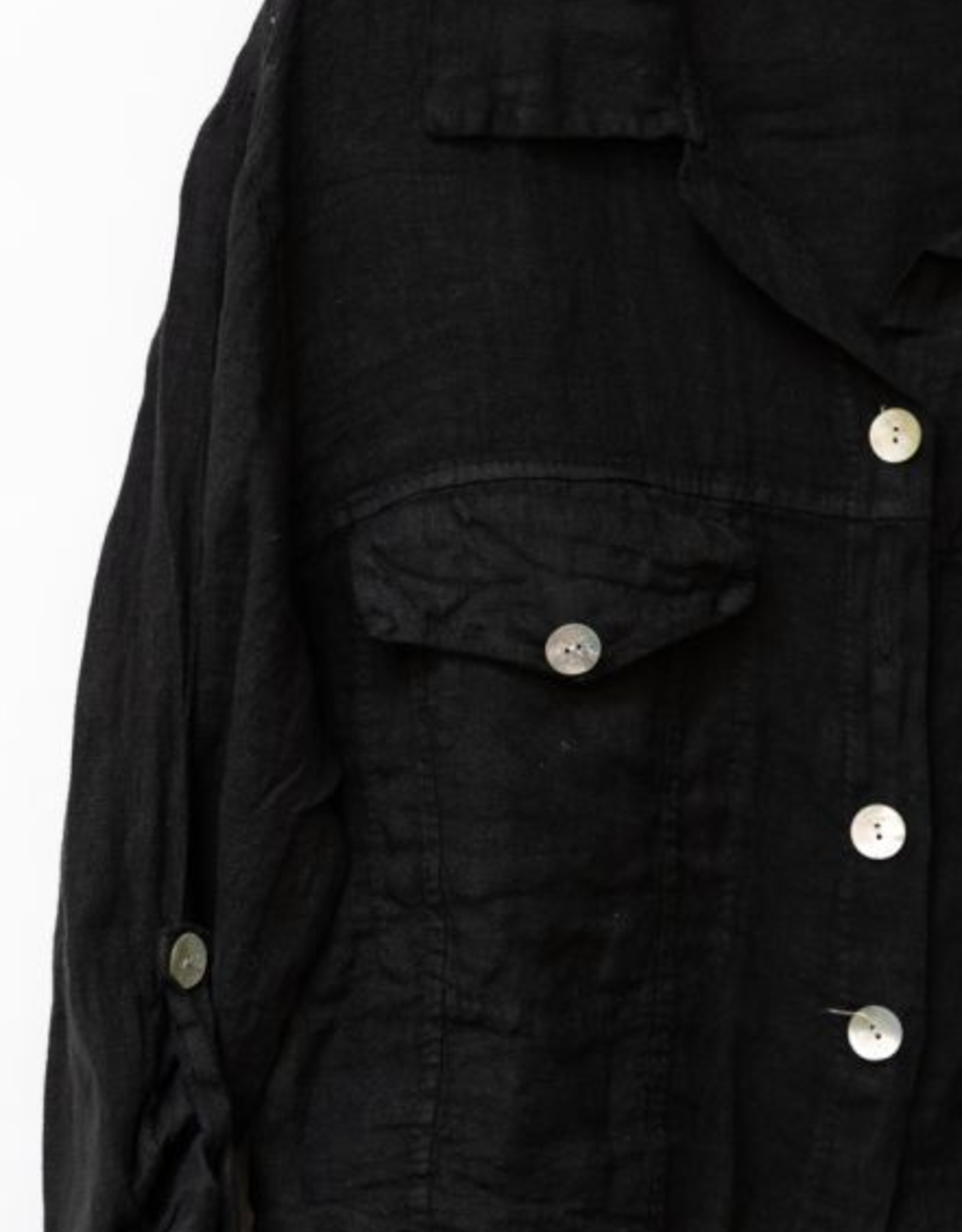 - Black Linen Raw Edge Crop Jacket w/Chest Pockets