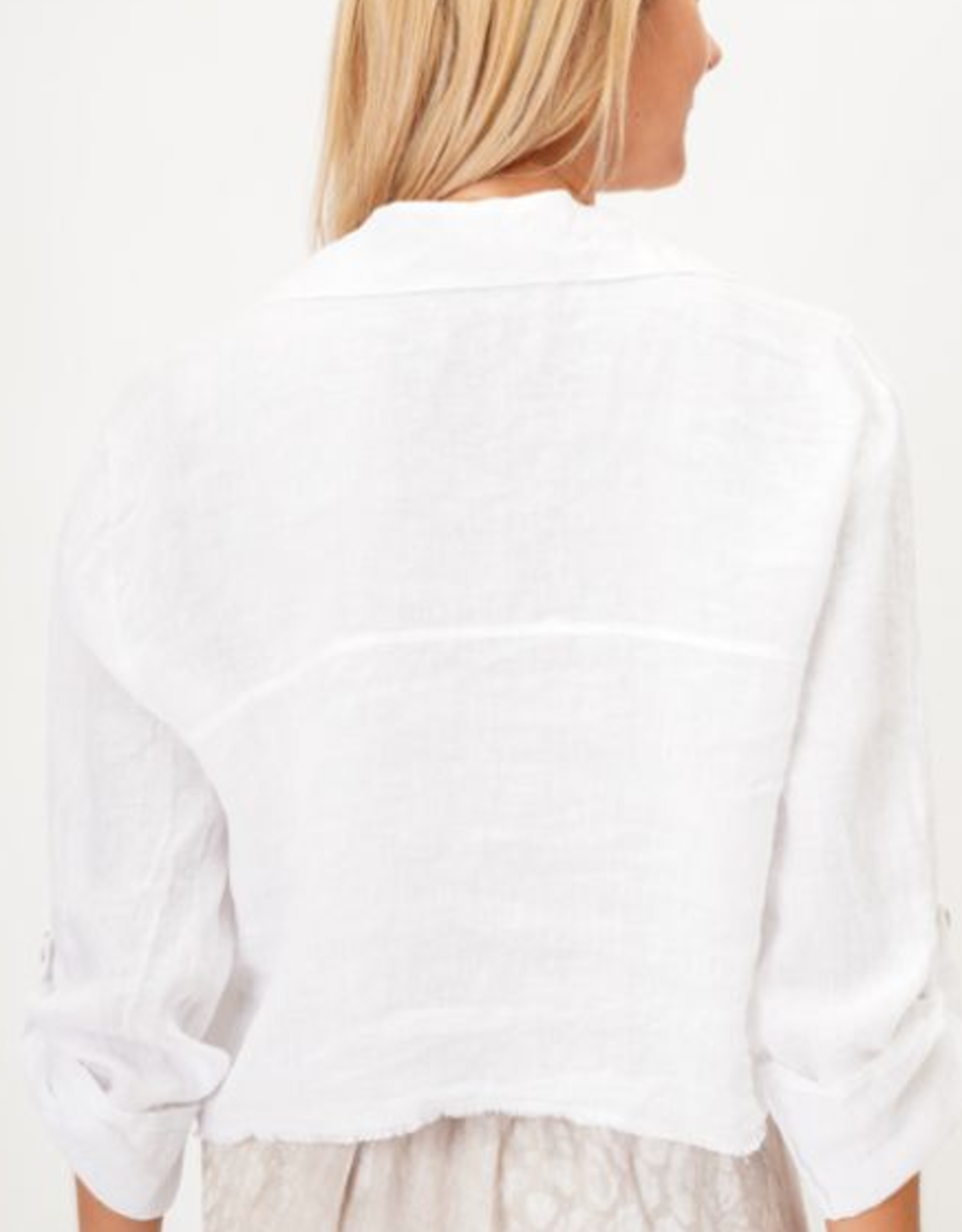- White Linen Raw Edge Crop Jacket w/Chest Pockets