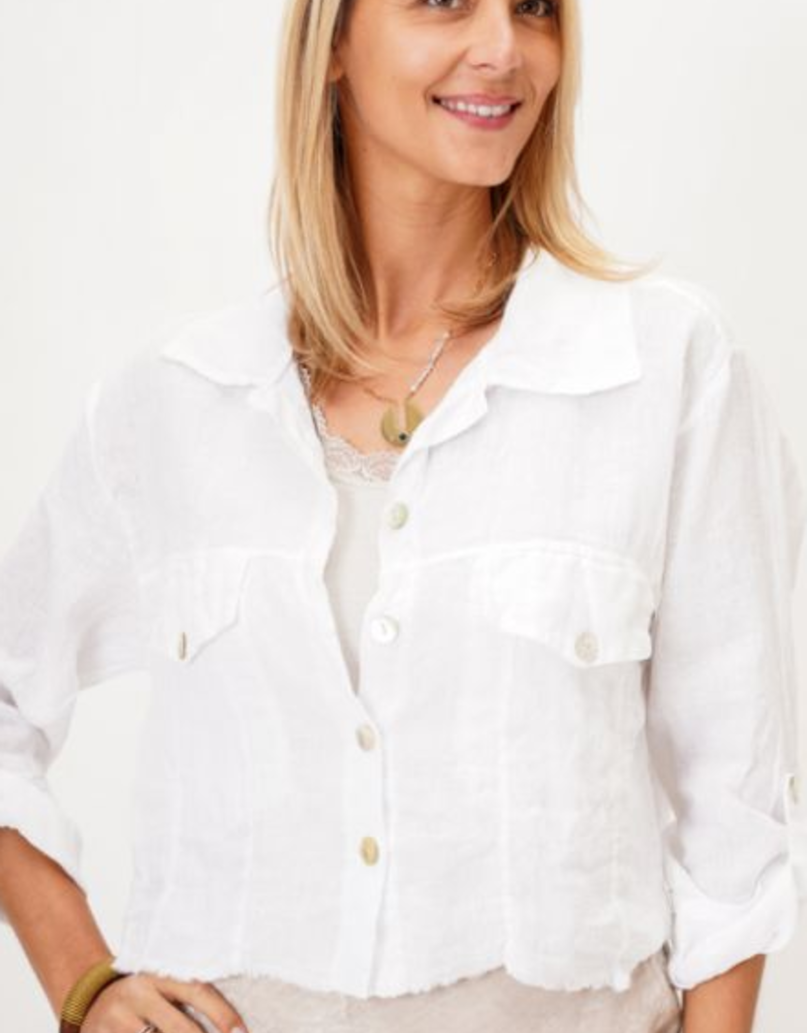 - White Linen Raw Edge Crop Jacket w/Chest Pockets