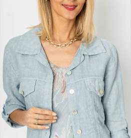 - Light Blue Linen Raw Edge Crop Jacket w/Chest Pockets