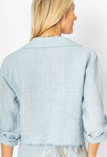 - Light Blue Linen Raw Edge Crop Jacket w/Chest Pockets