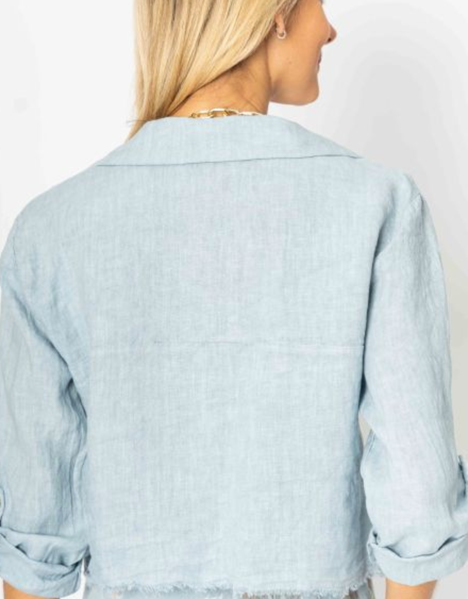 - Light Blue Linen Raw Edge Crop Jacket w/Chest Pockets
