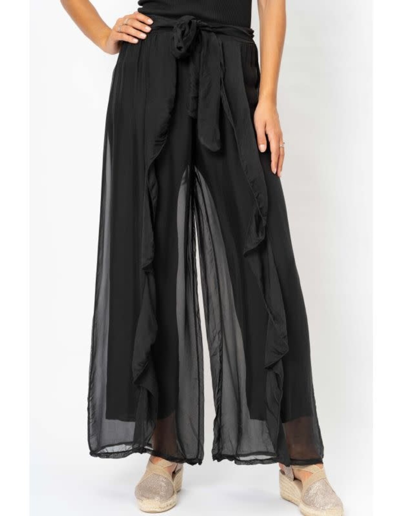Black Silk Pant Ruffle Detail on Front - Evelie Blu Boutique