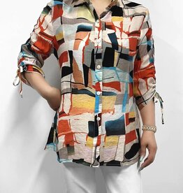 - Multi Color Abstract Square Print Button Up 3/4 Tie Sleeve Top