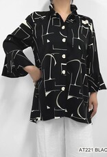 - Black w/White Abstract Line Print Button Up 3/4 Bell Sleeve Top