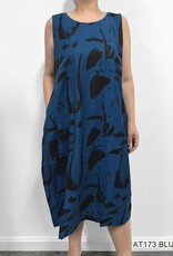 - Ocean Blue w/Black Abstract Print A-Line Sleeveless Dress