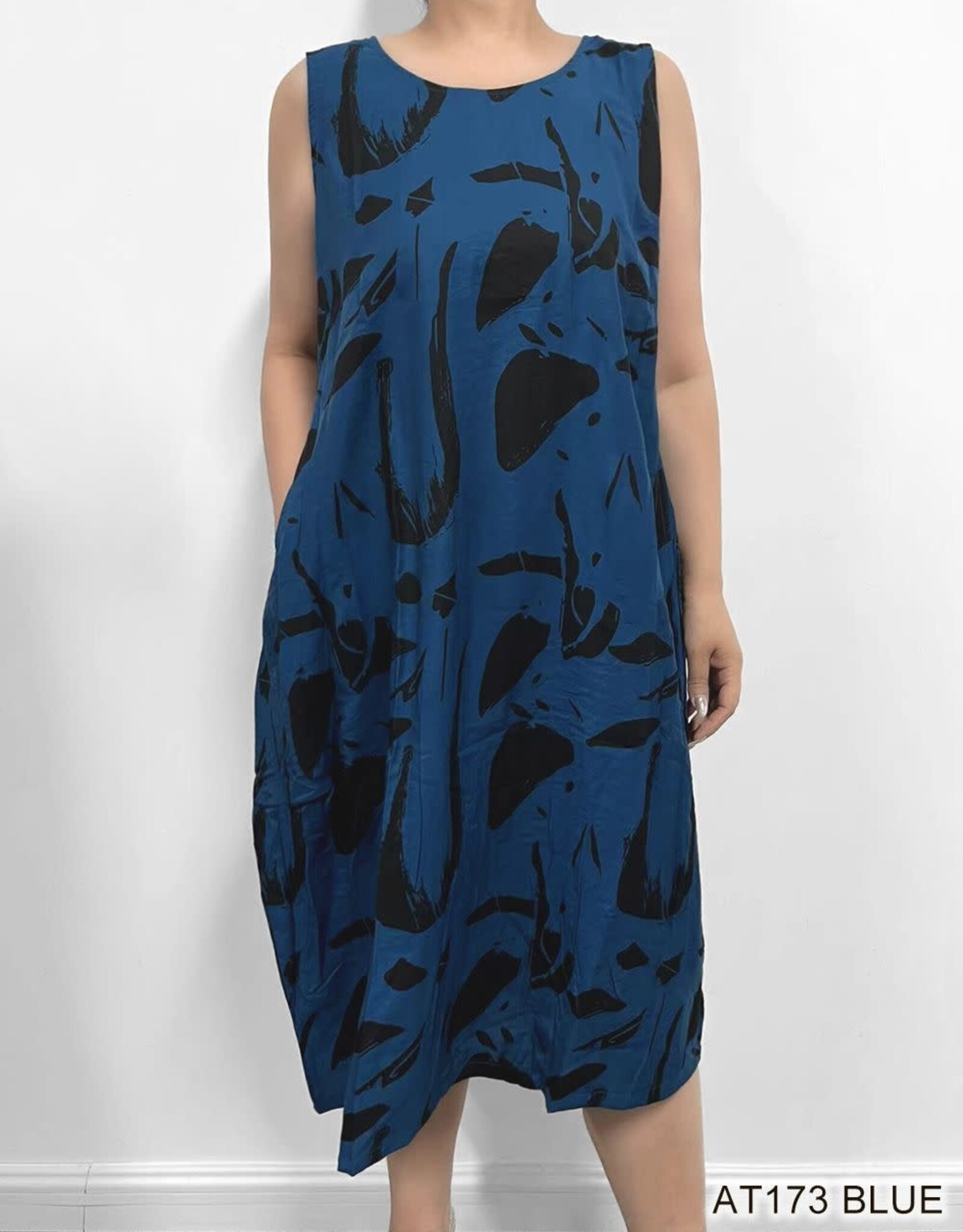 - Ocean Blue w/Black Abstract Print A-Line Sleeveless Dress