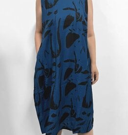 - Ocean Blue w/Black Abstract Print A-Line Sleeveless Dress