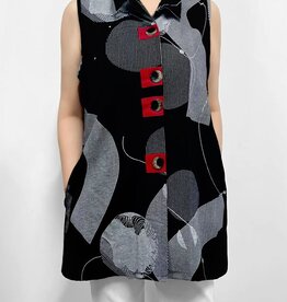 - Black/Red w/Abstract Grey Circle Print Button Up Sleeveless Top