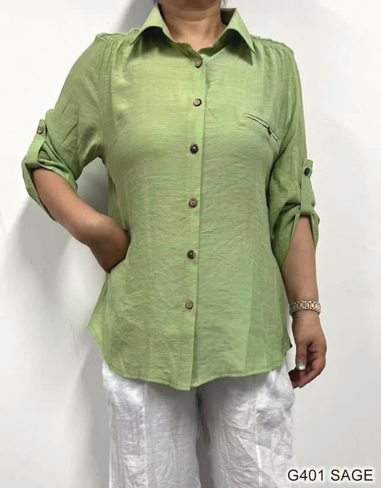 - Sage Button Up 3/4 Roll Up Sleeve Top w/Chest Pocket