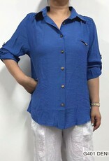- Denim Button Up 3/4 Roll Up Sleeve Top w/Chest Pocket