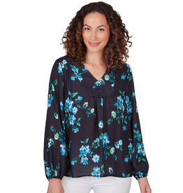 - Navy Floral V- Neck Long Sleeve Top