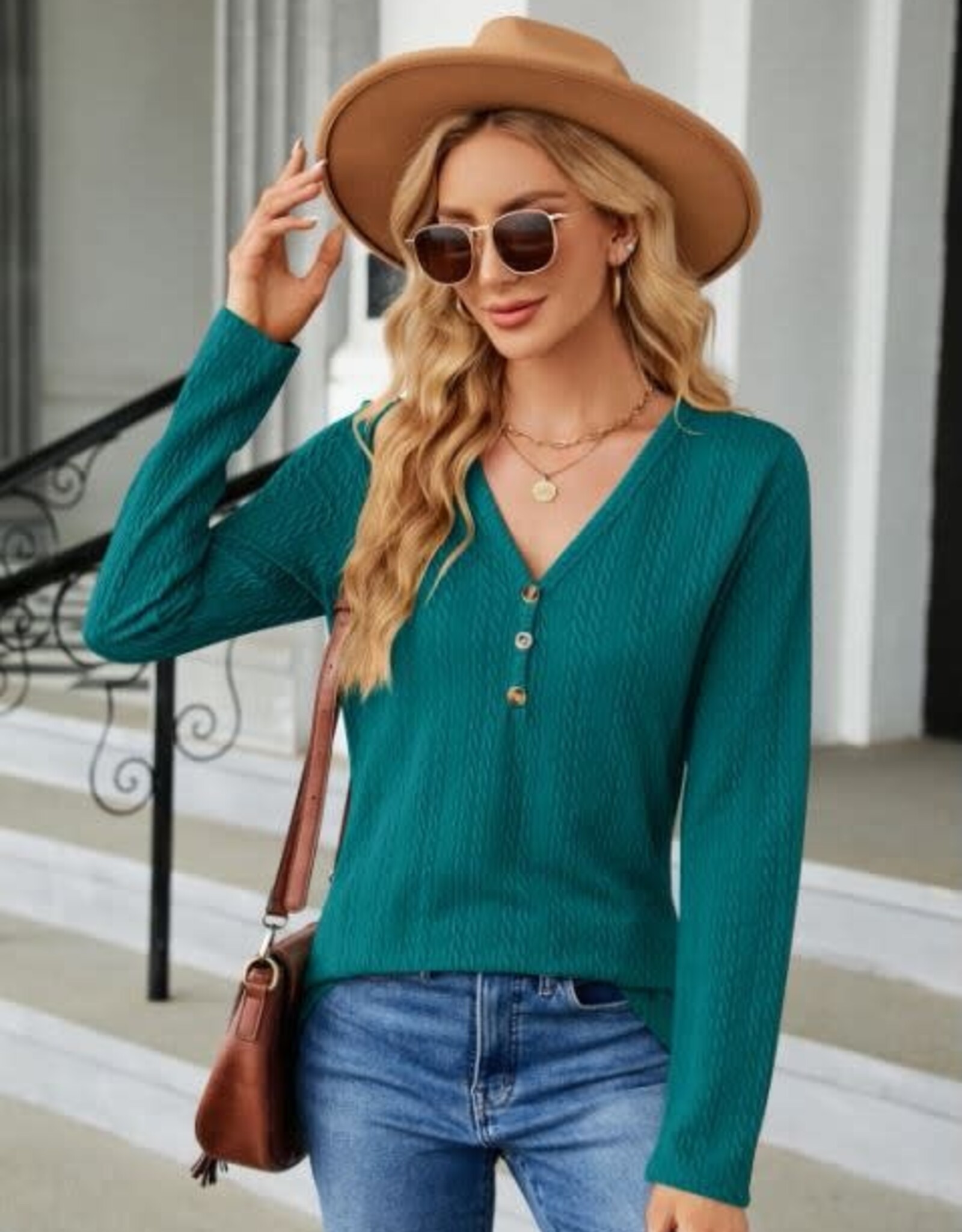 - Turquoise Textured Pattern  V-Neck Neck  Button Detail Long Sleeve Top